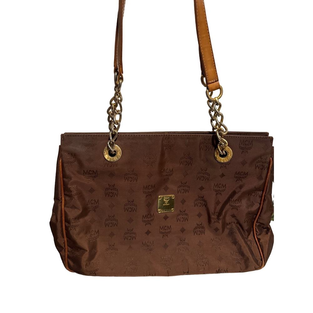 Vintage MCM Monogram Brown Nylon Chain Strap Tote Bag with Leather Trim
